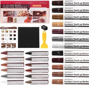 SEISSO Wood Furniture Repair Kit Set of 24, Markers and Wax Sticks with Sharpener and black cloth Kit, Restore Nail Holes on Wood Furniture, Wood Marker Pens for Scratches, Molding Repair