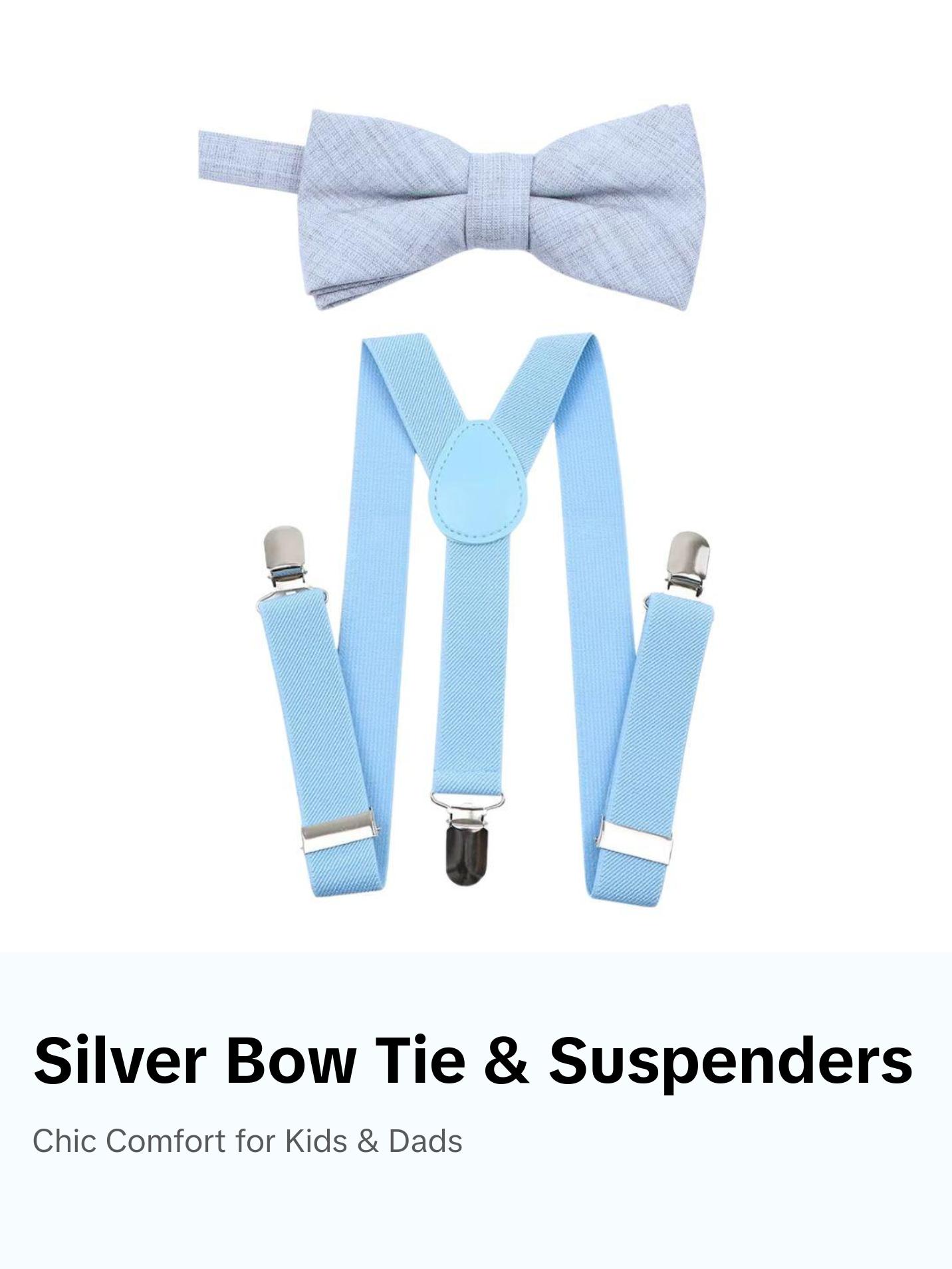TIE MOOD Silver Cotton Kid's Pre-Tied Bow Tie & Light Blue Suspenders Set | Bow Tie & Suspender for Boys & Dad| Easter Outffit | Matching