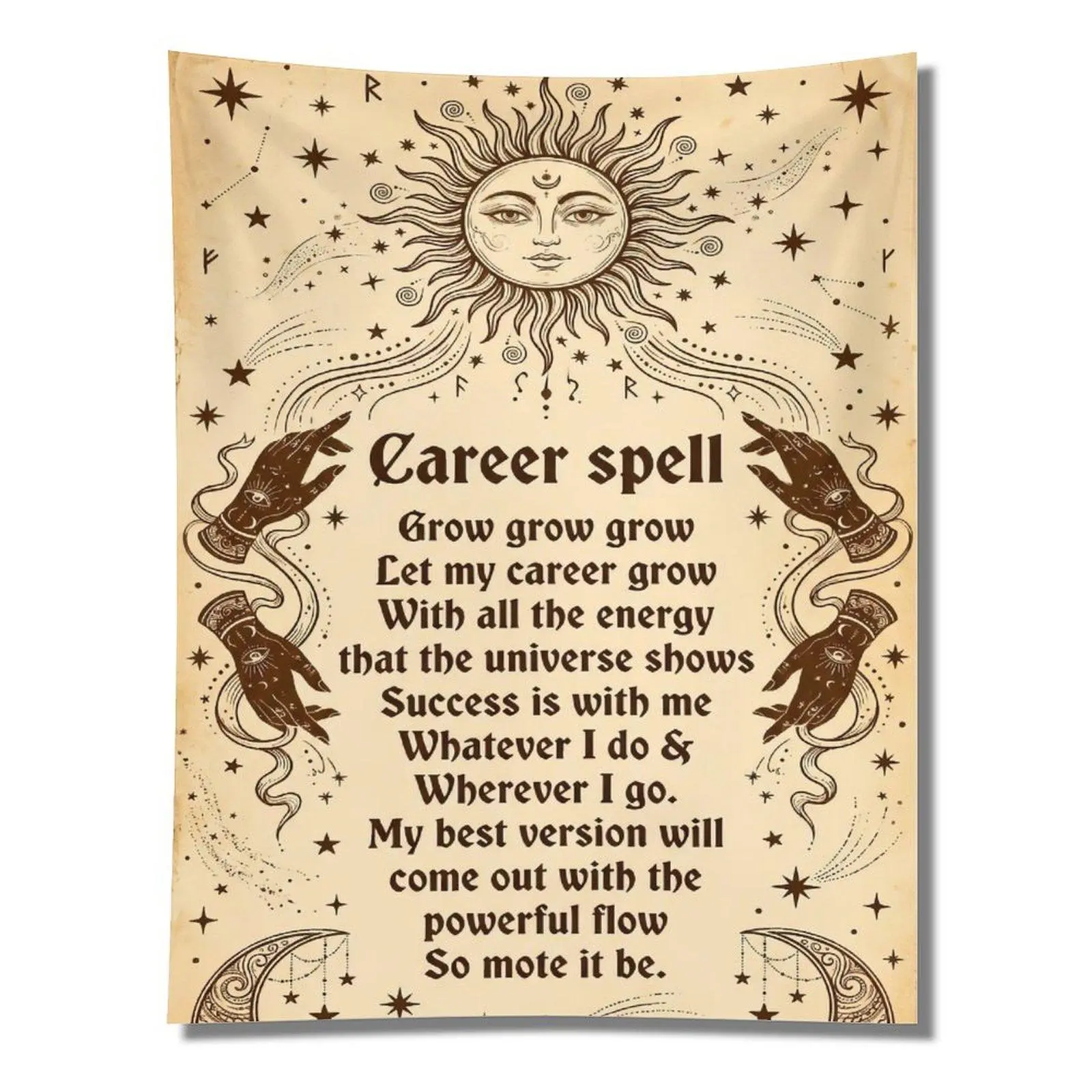 Vintage Old Paper Career Spell Sun Moon Palm Witch Rune Star Positive Manifestation Quote Wall Tapestry Wall Hanging Witchy Astrology Dorm Bedroom Decor Backdrop