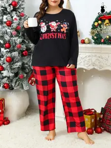 Plus Size Women's Christmas Pajama Set, Santa Claus Print, Snowflake & Gingerbread Man Design, Long Sleeve Comfortable Everyday Sleepwear