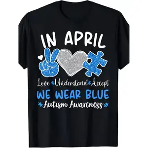 Autism Awareness April Wear Blue Heavyweight Cotton T Shirt with Puzzle Piece and Peace Sign Design