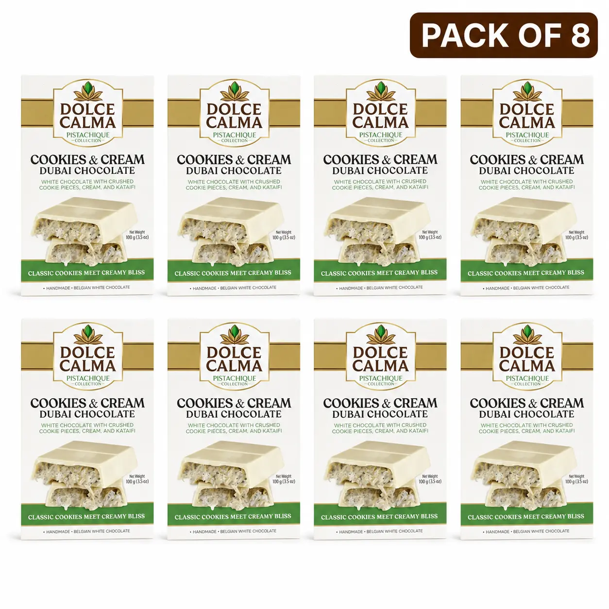 Dolce Calma Dubai Chocolate Bar Cookie (100g / 3.5oz) – Viral Authentic Handmade Belgian Chocolate with Turkish Pistachio & Crispy Kataifi, Premium Candy, Luxury Cream Kunafa Filling - Pack of 8