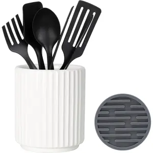 Small Utensil Holder for Kitchen Counter (H5.51" x W4.92"), Countertop Utensil Holder for Kitchen Ceramic, Utensils Crock for Countertop, Includes  Drying Mat, White
