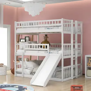 Triple Bunk Bed Frame, Full Over Full Over Full Bunk Bed Frame with Slide, Solid Wood 3 Bunk Beds with 2 Ladder/Full-Length Guardrails, White