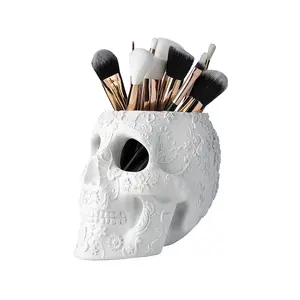 Skull Makeup Brush, Candy Bowl & Pen Holder, Bowl, Spooky Goth Decorations, Extra Large, Strong Resin, Skeleton Skulls and Bones Organizer Bathroom Trick Or Treat Decor by Gute (White)