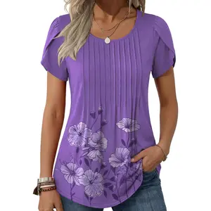 Tops Petal Short Sleeve Summer Casual Crew Neck Shirts Floral Solid Blouse Pleated Tunics