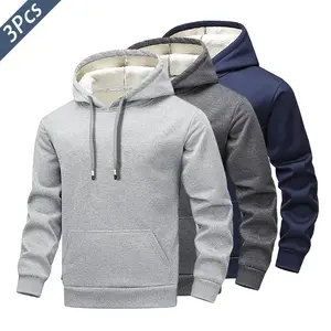 Men's three piece winter wool sportswear, solid color hooded jacket, kangaroo pocket, thick windproof and warm pullover, suitable for daily wearRAIMENTRY