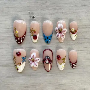 Fall Kawaii Press On Nails, Polka Dot Ladybug Garden Design, 3D Clock Detail, Long Almond Shape Manicure, Handmade Nail Art Set