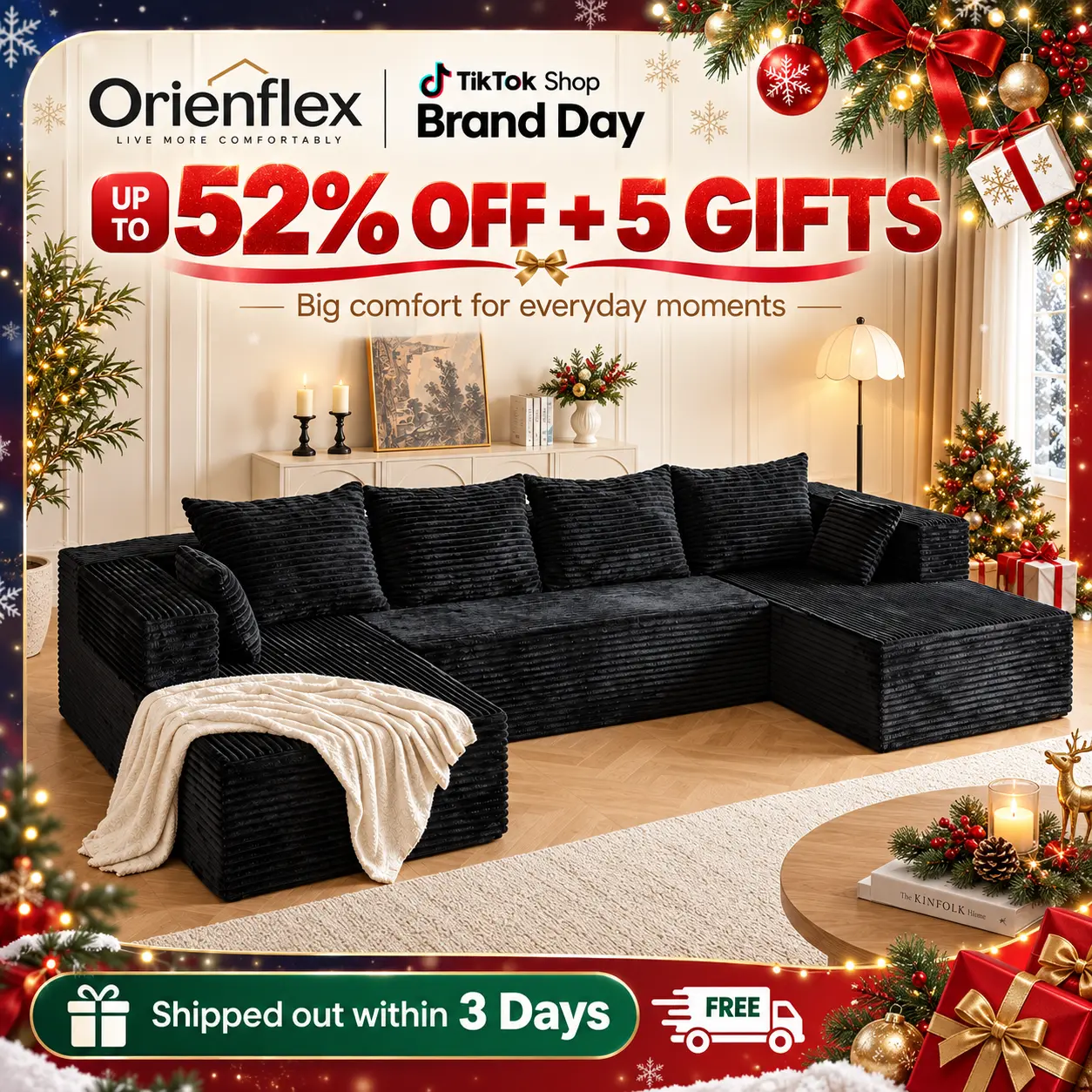 [3 Boxes] Orienflex 131.1-Inch Modern U-Shaped Modular 5-Seater Corduroy Sofa Bed - Convertible Deep-Seated Sectional Couch, Couch for Living Room Furniture with 4 Large Back Pillows, Movable Ottoman, Extra-Large Cloud-Like Comfort,familyfun