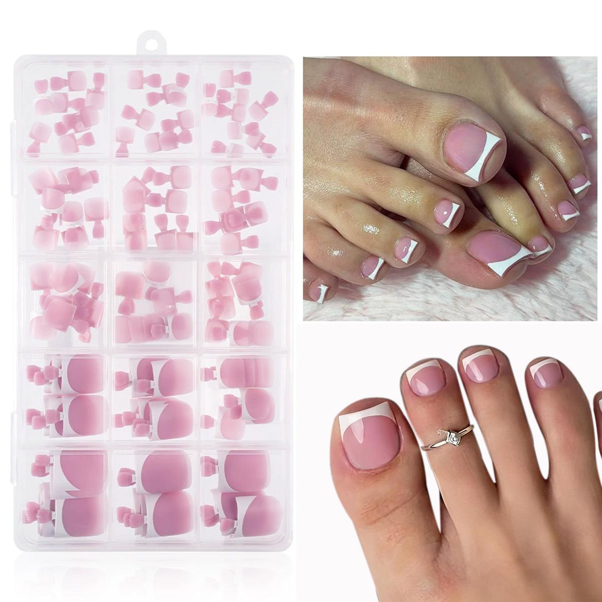 French Toe Nail Press Ons, Pre-Etched 15 Sizes 150Pcs, Sharp Square X-Soft Pink False Toenails, Soft Gel Full Cover Fake Toes for DIY Salon Pedicure & Nail Extensions