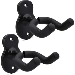 Guitar Wall Mount Hanger 2 Pack Acoustic Holders Electric Hooks Classical Bass Ukulele Stands Display - Metal  and Studio Guitar Hook (BLACK-2PACK)