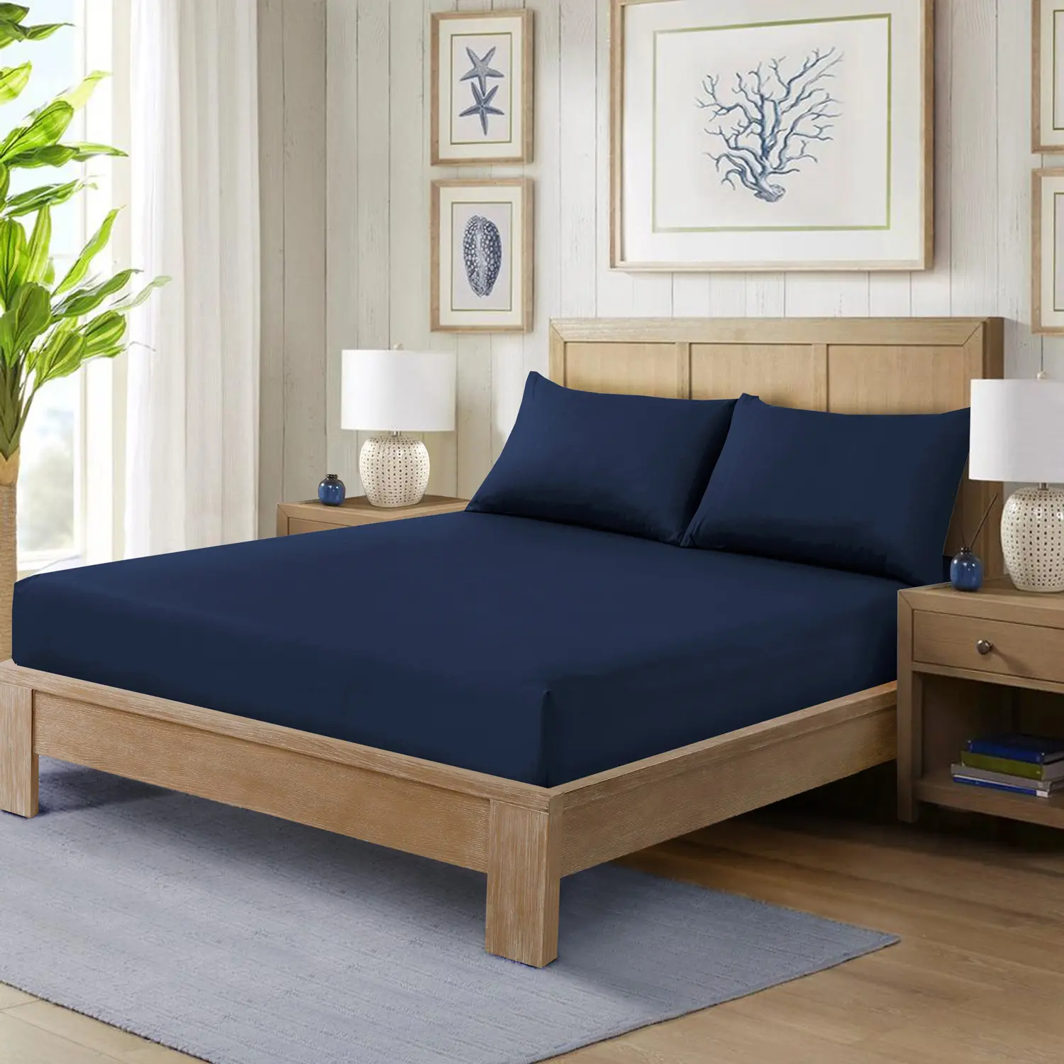A Adios 40cm Deep Pocket Fitted Sheet Queen King Ultra Soft Microfiber Bed Sheets Breathable Temperature Regulating Navy