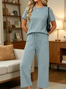 Women's, Lady's Fashion Solid Color Casual Minimalist Round Neck Pocket T-Shirt + Drawstring Wide Leg Pants Set Loose Fit Slimming Suitable for Summer Commuting Work Shopping Outings Indoor Outdoor Wear Womenswear