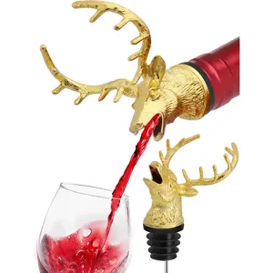 Gold Deer Head Wine Pourer, Liquor Bottle Pour Spout with Leak-Proof Rubber Stopper, Universal Fit for Wine Whiskey Champagne Olive Oil – Drip-Free Bar Pourer Gift for Men, Weddings & Holidays