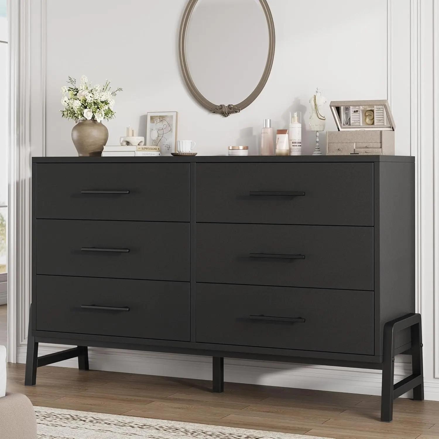 Black Freestanding 52 Inch Wide Dresser with 6 Large Storage Drawers Closet Storage Dresser Chest for Living Room and Bedroom and Entryway