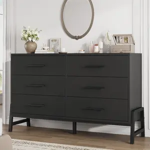 Black Freestanding 52 Inch Wide Dresser with 6 Large Storage Drawers Closet Storage Dresser Chest for Living Room and Bedroom and Entryway