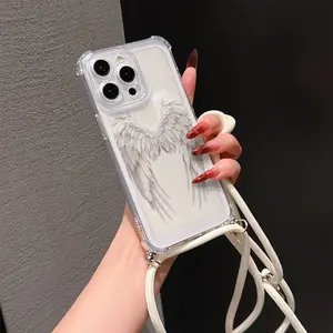 Convenient Lanyard Phone Case with Adjustable Strap and Crossbody Shoulder Strap, Transparent Angel Wings, Tpu Anti-Drop Protection for iPhone