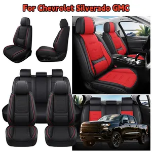For Chevy Silverado GMC Sierra 2007-2025 1500 2500 3500HD Trail Boss Z71 Crew Double Extended Cab Premium Leather 5 Seat Covers Full Set with 3D Waist Pillow, Car Truck Pickup Front Rear Cushion Protector Pad Mat 5 Sit, 4 Seasons Business Household Use