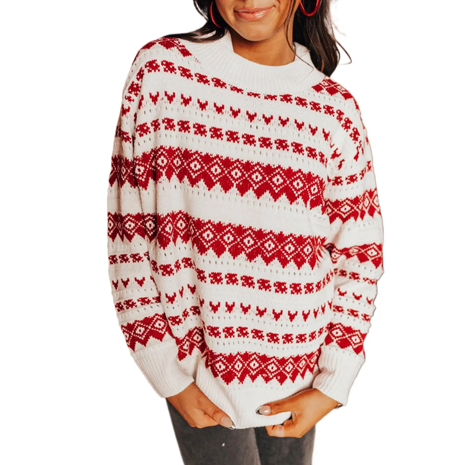 Women's Trendy Fashion Knitting White Western Geometric-Stripe Crew Neck Loose Sweater, Stylish Women's Tops