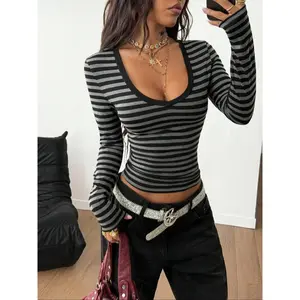 Women's Spring Summer Knitted Striped Slim Fit V-Neck Long Sleeve T-Shirt, Casual Daily Wear, Versatile Layering Top