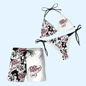 Black Matching Dr Pepper Floral Swimsuits for Couples Swim Bra Tie Side Thong Bikini + Men's Beach Shorts, Summer Vacation Swimsuit, Hawaiian Shirt Style, Aloha Beach Outfit, Casual Holiday Bathing Suits, Menswear & Womenswear