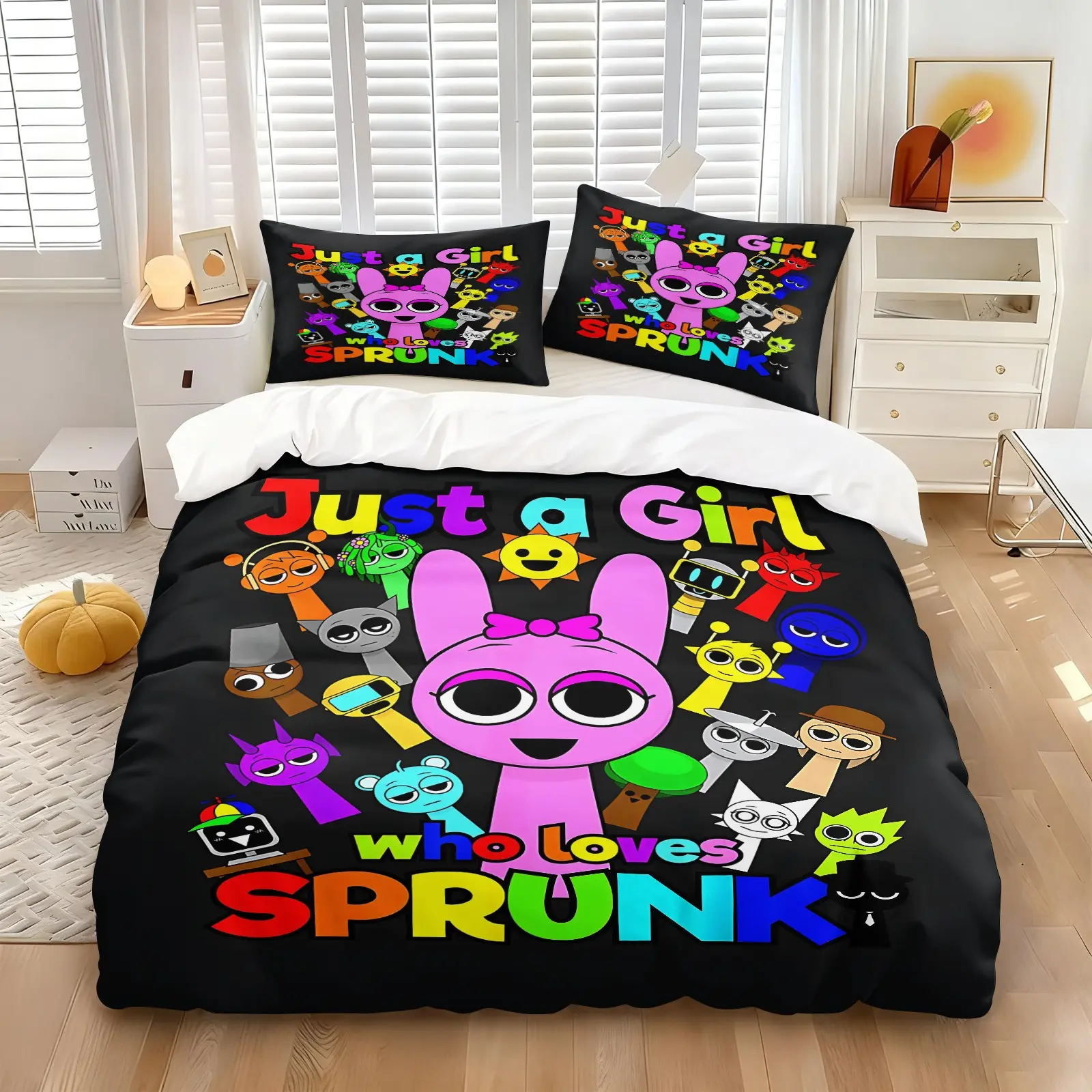 Playful Sprunki cartoon print duvet cover set 2/3 Pcs Printed Bedding Set, Includes 1 Count Duvet Cover & 1/2 Pillowcase without Filler, a must-have for a cozy and companionable bedroom.
