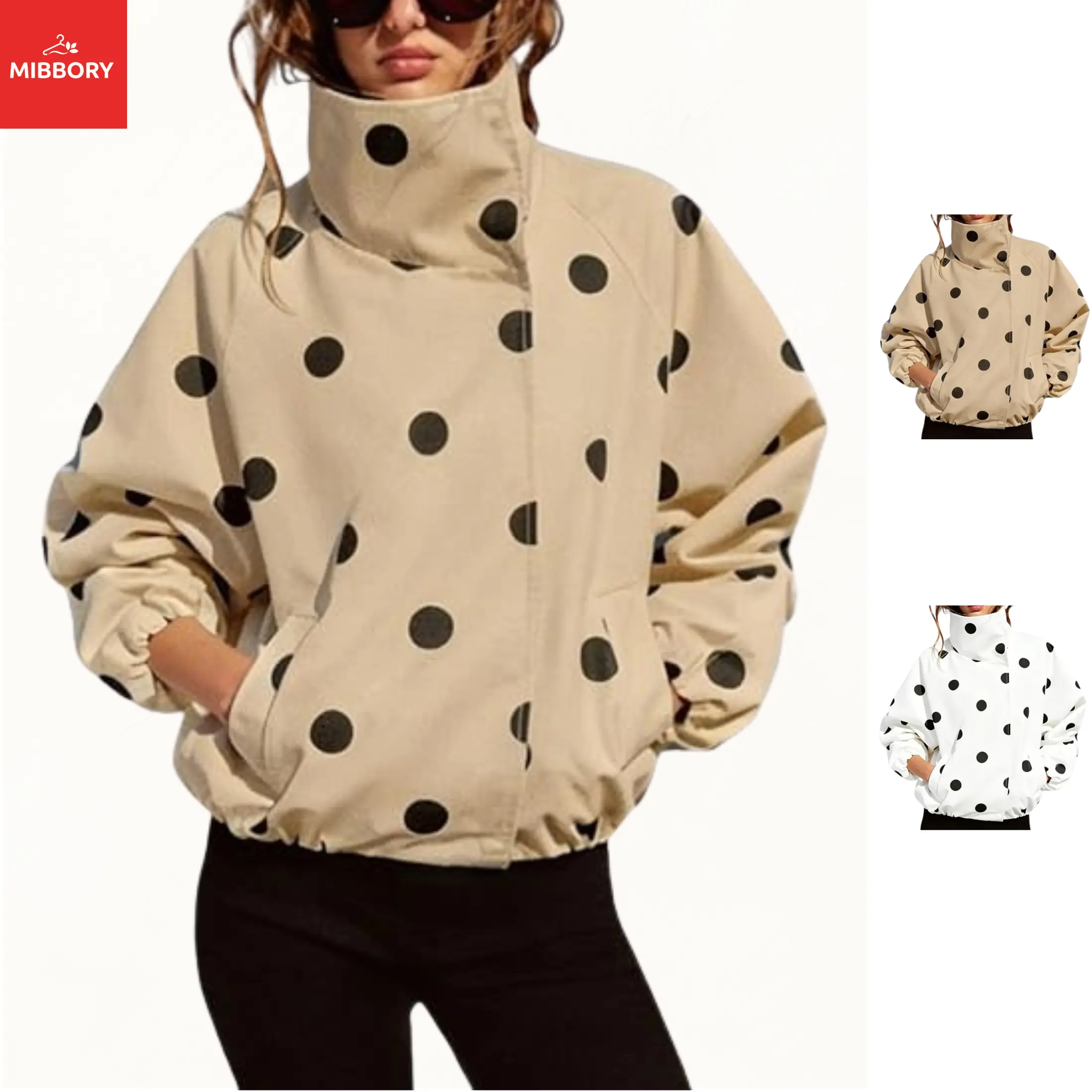 Mibbory Women's Polka Dot Cropped Jacket Zip Up Lightweight Stand Collar 2026 Fall Fashion Outfits Trendy Streetwear Coat with Pockets
