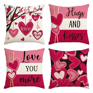 Set Of 4, 100% Polyester Linen Look Valentine's Day Hugs and Kisses Love You More Pink Throw Pillow Covers, 16 x 16 Inch/18 x 18 Inch/20 x 20 Inch   Valentine Heart Stripes Wedding Cushion Case Decoration for Sofa Couch
