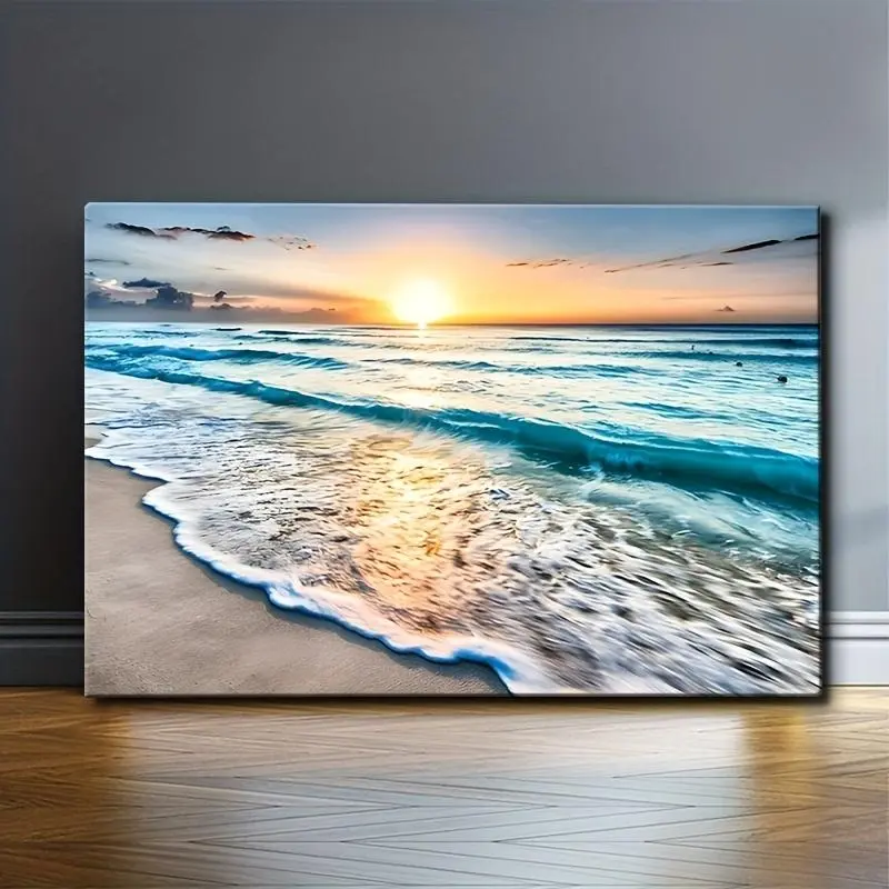 1 unique canvas painting, solid wood frame, seasonal decoration Sunset and ocean scenery Very suitable for home decoration, living room or bedroom and other party decorations, holiday decorations, waterproof, ready to hang, 2D Flat, Perfect for Room	