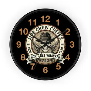 Mob Crew Coffee Wall Clock  “Don’t Get Whacked by Weak Coffee” Vintage Skull Clock