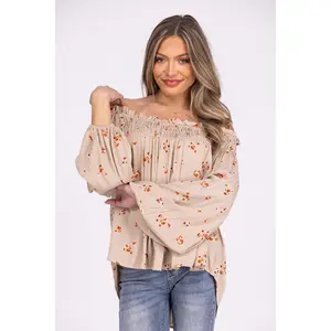 Ces Femme Pretty Girl Women's Floral Off The Shoulder Long Sleeve Top with Lantern Sleeves & Pleated Fit in Autumn Style