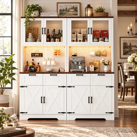 Homieasy Kitchen Pantry Storage Cabinet with LED Light & Outlet, Pantry Cabinet with Microwave Stand, DIY Pegboard, Drawers and Adjustable shelf, Farmhouse Kitchen Hutch for Dining Room, Furniture