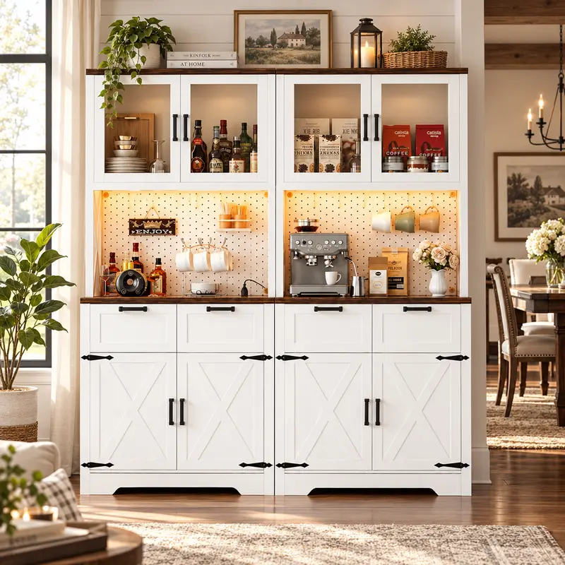Homieasy Kitchen Pantry Storage Cabinet with LED Light & Outlet, Pantry Cabinet with Microwave Stand, DIY Pegboard, Drawers and Adjustable shelf, Farmhouse Kitchen Hutch for Dining Room, Furniture