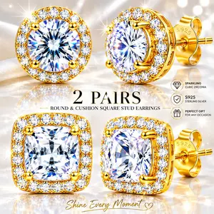 2 Pairs Halo Stud Earrings Set for Women Men, Earring Women, CZ Stud Earrings, Square Round Cubic Zirconia Earrings, 925 Sterling Silver Post, Cartilage Studs, Stackable Earrings for Multiple Piercings, Sparkly Jewelry Gift for Her