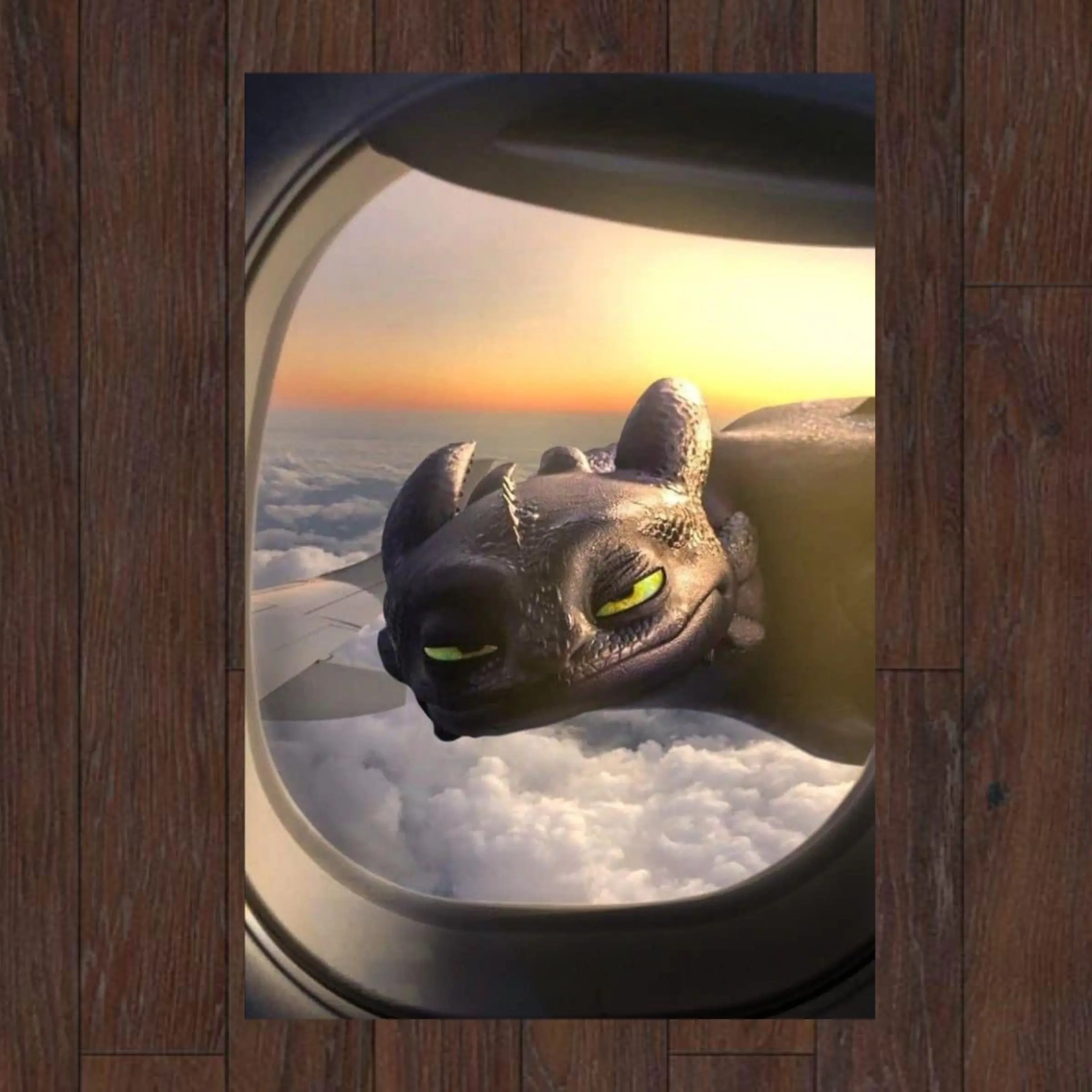 Toothless Outside the Airplane Window Poster, Funny How to Train Your Dragon Travel-Inspired Wall Art, Cute Flying Dragon Fantasy Print