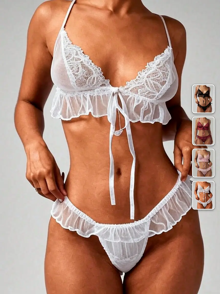 Lingerie Set Lace Ruffle Sheer Mesh Tie Front Romantic Date Night