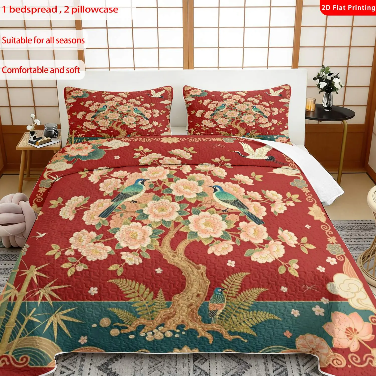 3pcs, 2D flat print Chinese traditional style bed cover set with peony and crane pattern, multiple sizes available, bedding set, festive decorative bedding, ideal for bedroom décor(1 bedspread , 2 pillowcase)