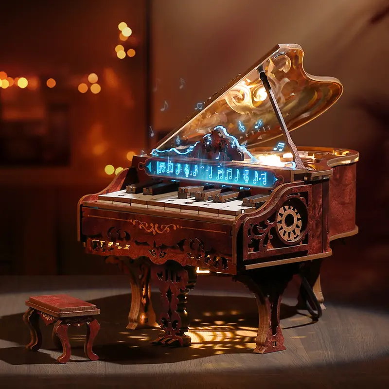 FUNPOLA 3D Wooden Puzzle Playable Piano Kit with LED Light, Interactive Whimsical Music Craft Model, Home Decor Gift for Adults 330PCS Diy Decoration Items