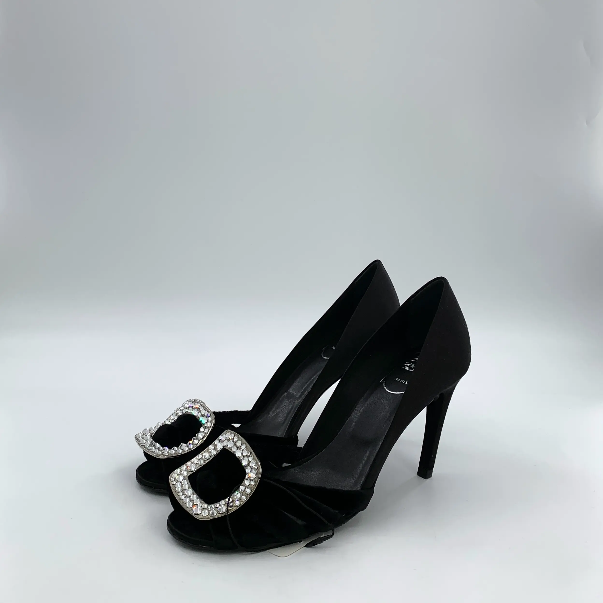RDLT-Roger Vivier Size 38 Black Satin Crystal Buckle Peep Toe Stiletto Heels-J37571