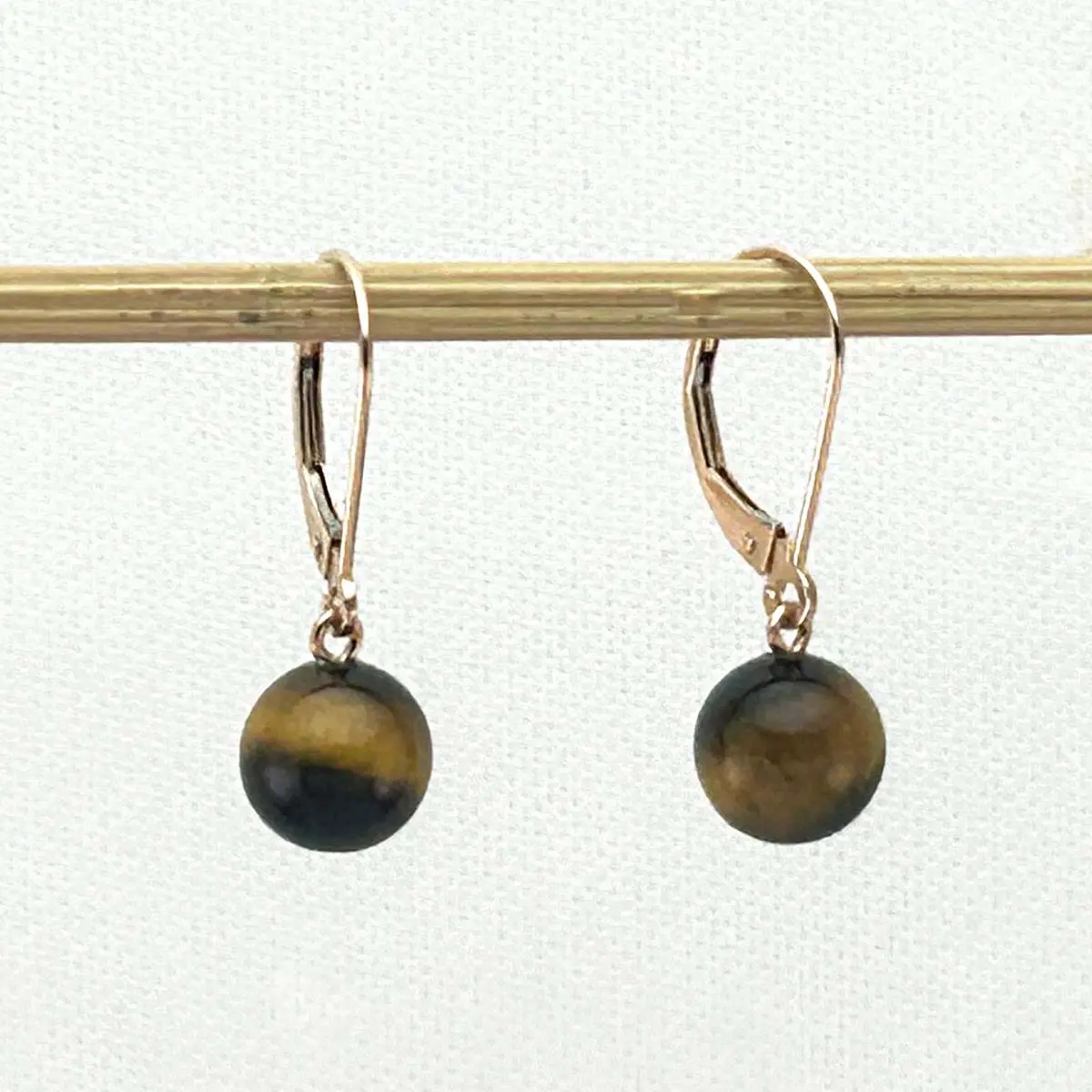 14kt Rose Solid Gold Leverback 8-8.5mm Tiger-Eye Bead Dangle Earrings