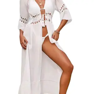 Summer Dress Crochet Boho Beach Swimsuit Cover Up Lace-Up Long Blouse Hollow Out Open-Front Duster Kimono Beach Dress for Women