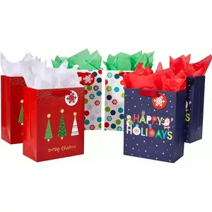 Small Christmas  Bags with Tissue Paper, 6 Pack Holiday Theme Bags in 3  Designs, 7x9x4 Inches, Red Navy White with 12 Sheets Tissue Paper