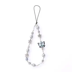 Aesthetic Round Butterfly Bead Mobile Phone Chain Accessory - Niche Valve Buckle, High-Appearance, Sweet Fashionable Charm for Phone, Bag, CCD Headphone Decoration Lanyard (Blue)