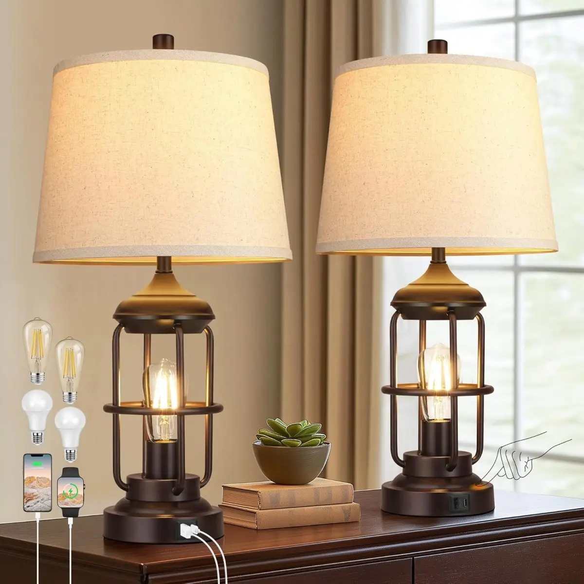 VEVOR 2 Pack Rustic Industrial Bedside Table Lamps with USB Charging Port & Touch Control 3-Way Dimmable 2700K LED Night Light for Bedroom Living Room