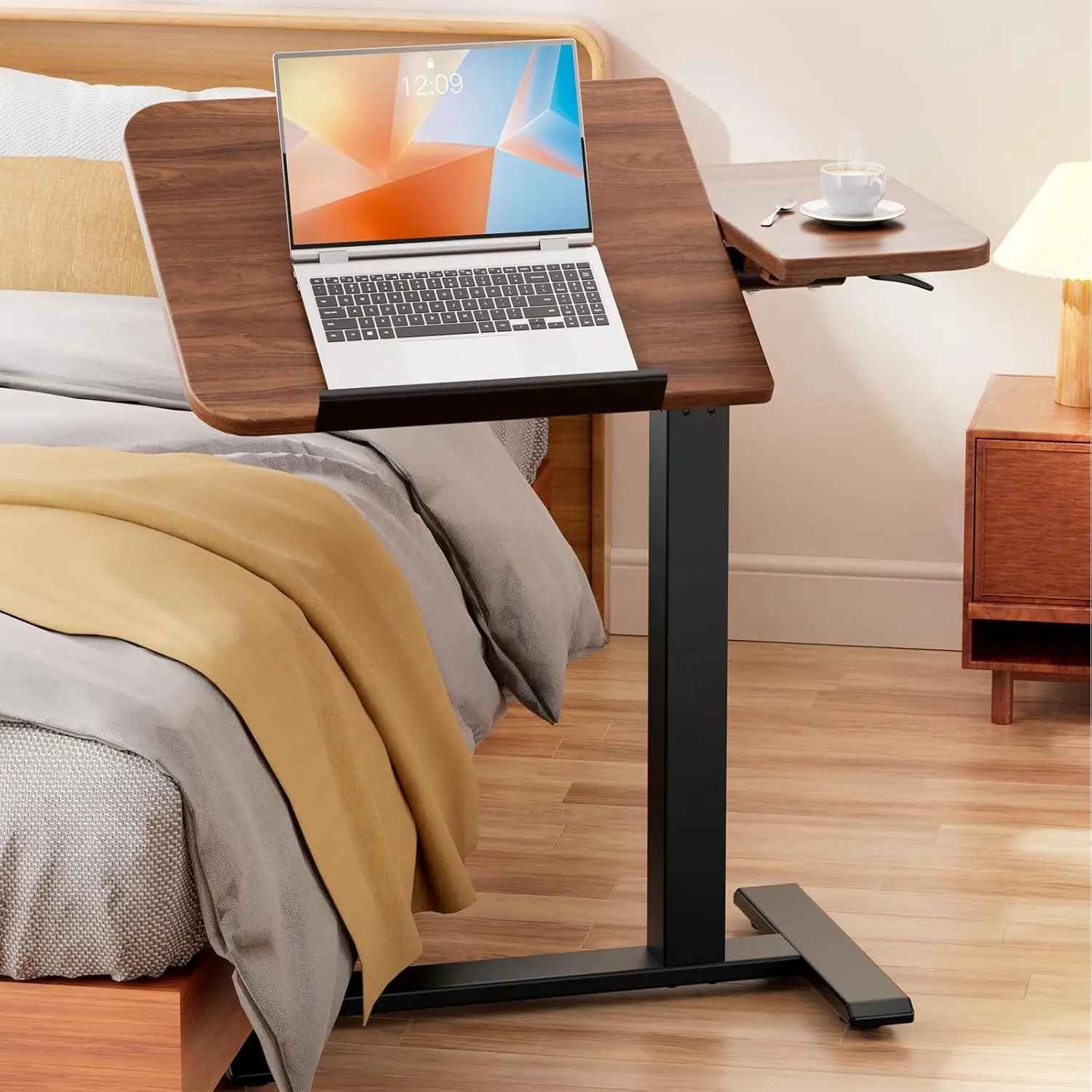 Walnut Rectangular Height-Adjustable Overbed Bedside Table - Pneumatic, Rolling Base, Tiltable Laptop-Friendly, Accessible Mobile Standing Accent Table for Hospital, Home Bedroom Use, Tilting Bedside Tables
