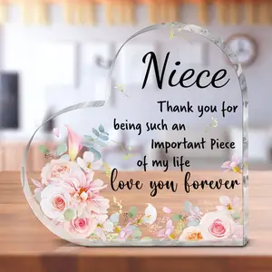 Flower & Letter Pattern Acrylic Ornament, 1 Count Creative Heart Shaped Desktop Decorative Ornament, Warm Gift for Niece From Aunt, Acrylic Desktop Decoration,Gifts For Women