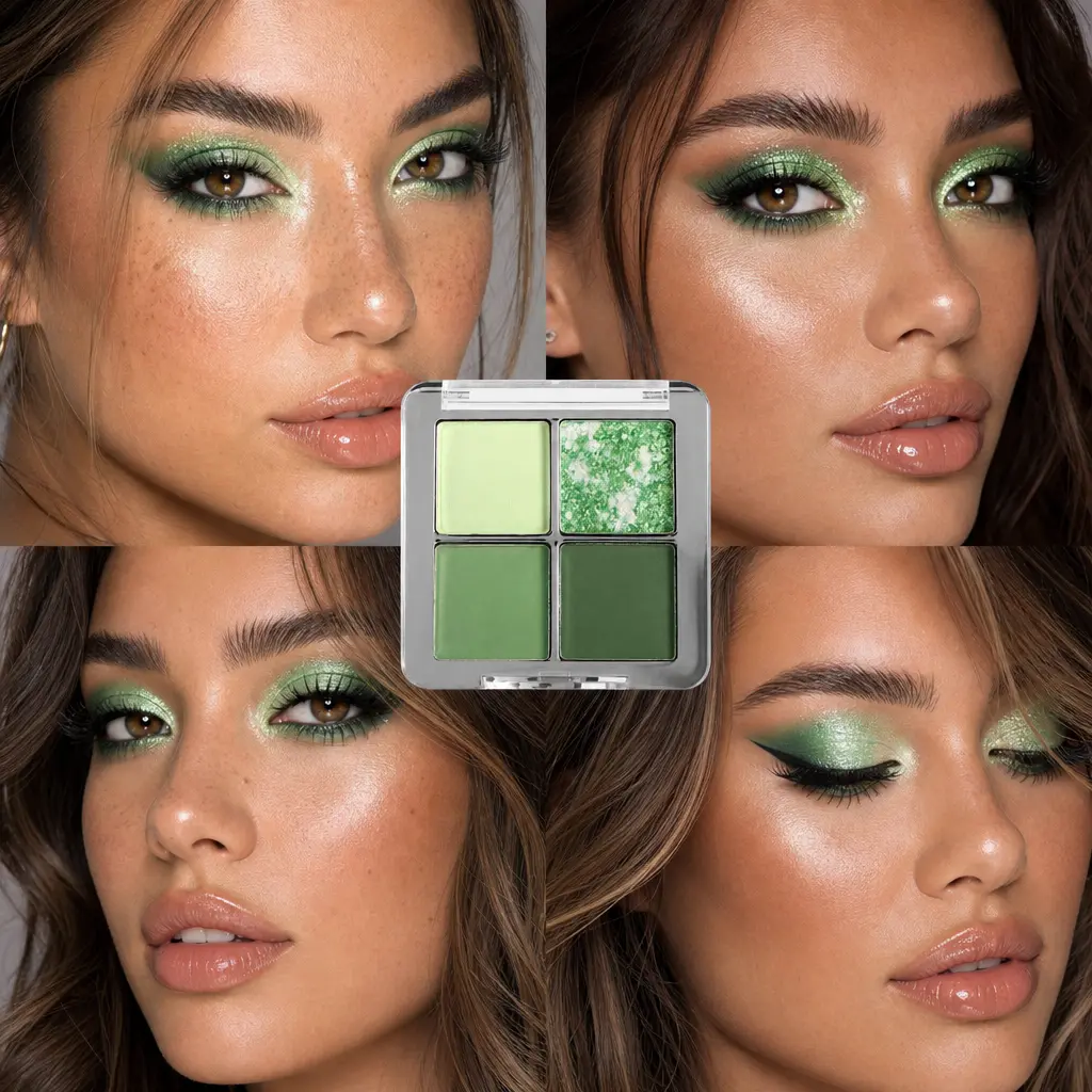 Mini 4 Color Green Eyeshadow Palette, Matte & Shimmer Eye Shadow, Waterproof, Sweatproof, Highly Pigmented, Pocket Size Vegan Makeup Palette