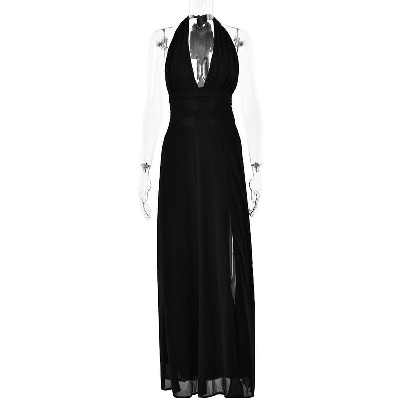 White Dres2025 Women's Clothing V-neck Halter Lace-up Backless Slit Dress Fashion Temperament Long Dress Formal Womenswear White Dres2025 Women's Clothing V-neck Halter Lace-up Backless Slit Dress Fashion Temperament Long Dress Formal Womenswear