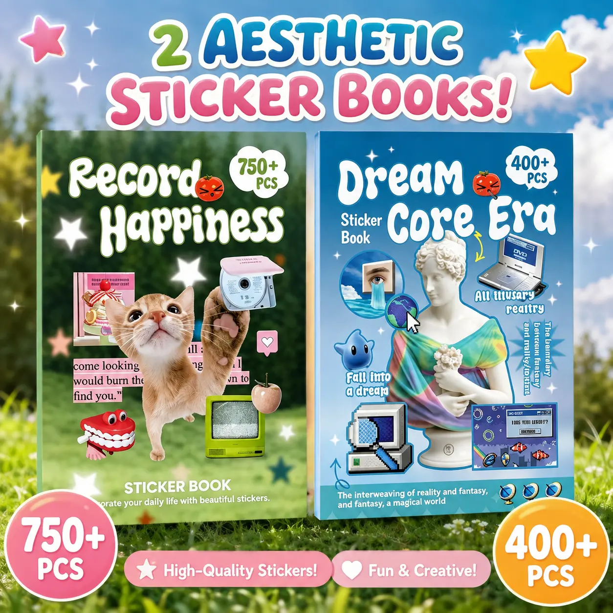 2 Style Aesthetics Dreamcore Sticker Books, Record Happiness & Japanese Stickers Book(30 Sheets)  for Journaling, Junk Journal Supplies, DIY Crats