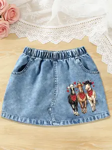 New Girl's Denim Short Skirt with Horse Pattern, Includes Hat, Scarf, Heart Decoration, Pocket Design, Casual Style, Spring Summer
